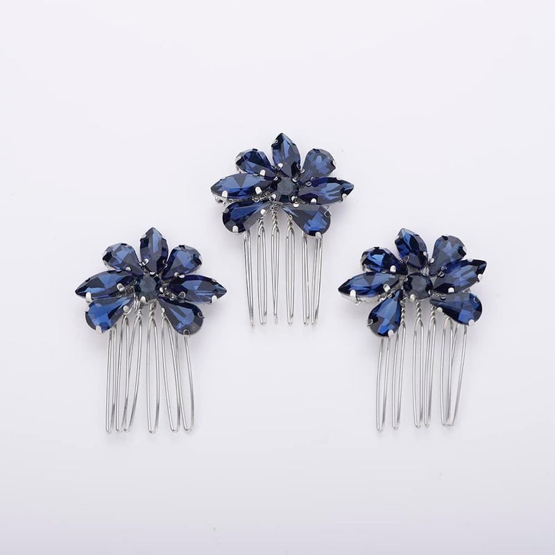 Rumtock 3pcs Blue Rhinestones Hair Comb Set for Wedding Brides Bridesmaid Women Girls Handmade Sparkle Hair Piece Vintage Hair Styling Jewelry (Dark Blue) - Image 3